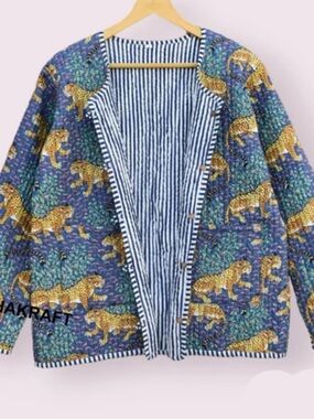 Women's Blue Leopard Print Jacket with black Striped Trim